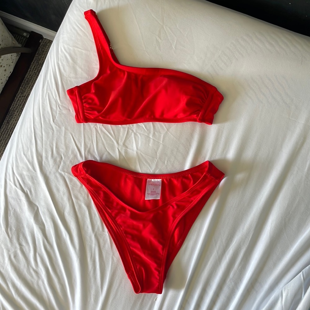 Red bikini set (one-shoulder top, cheeky bottoms)